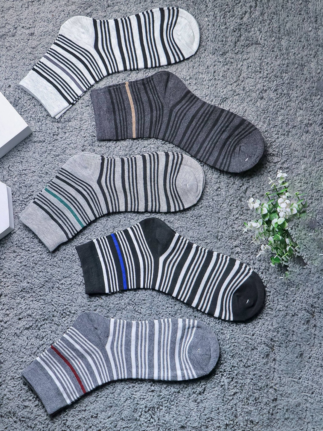 

Brauch Men Pack Of 5 Cotton Striped Above Ankle Length Socks, Off white