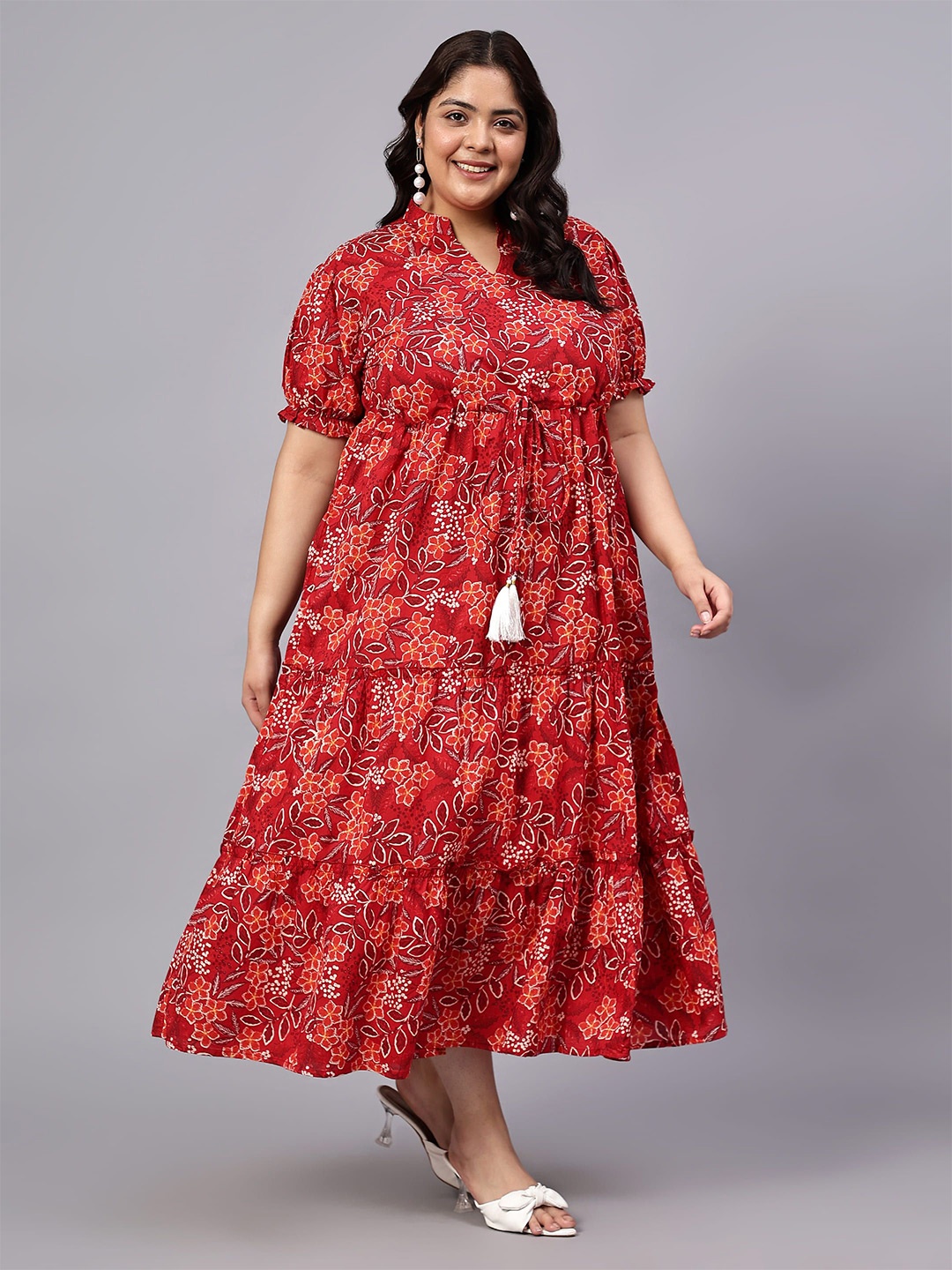 

Indietoga Plus Size Floral Printed Cotton Tiered Maxi Dress, Red