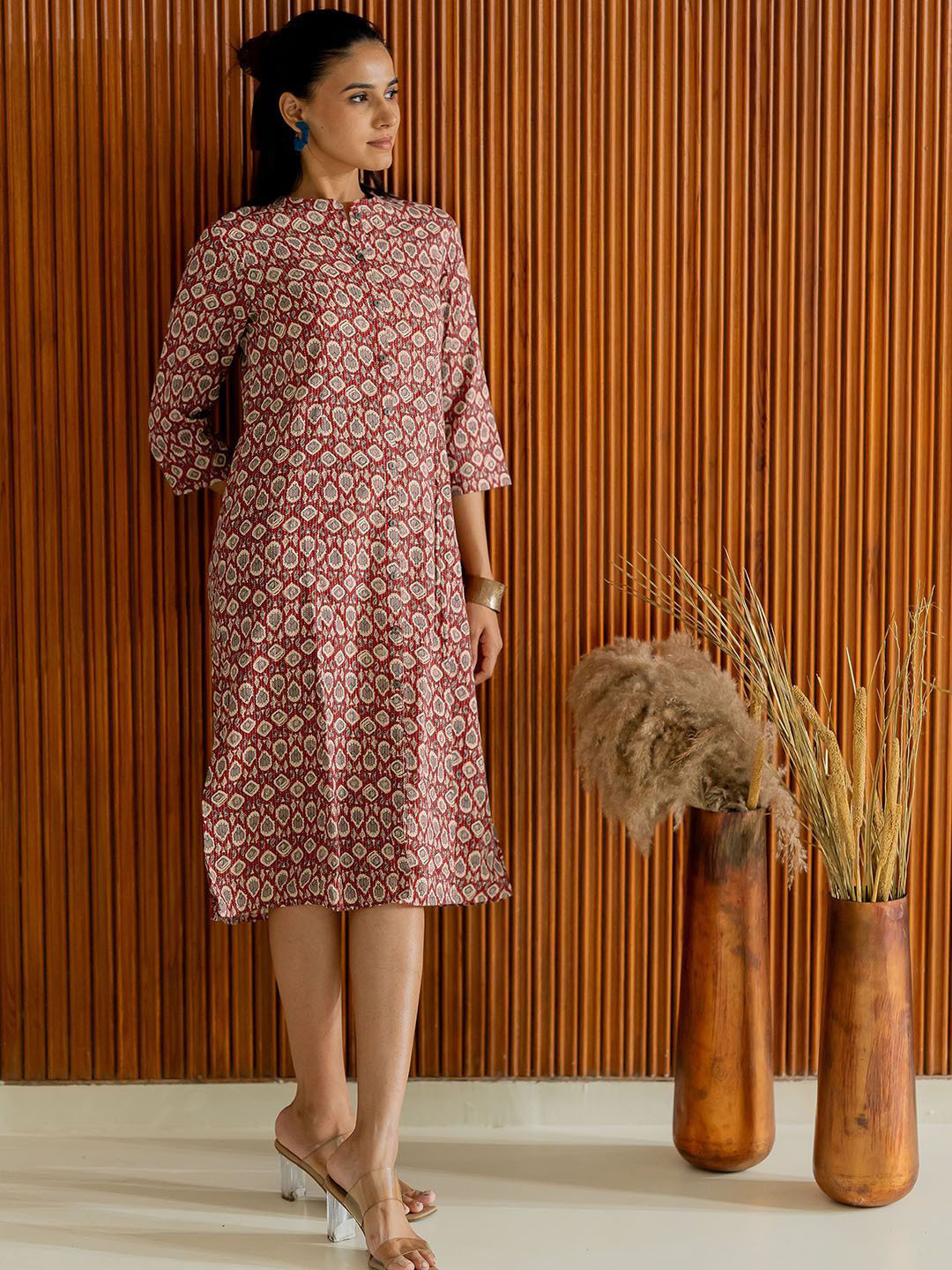 

KALIN IWomen Floral Printed Kantha Work A-Line Kurta, Maroon
