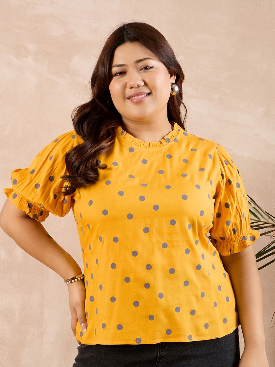 

Berrylush Curve Polka Dots Printed Cotton Plus Size Top, Yellow