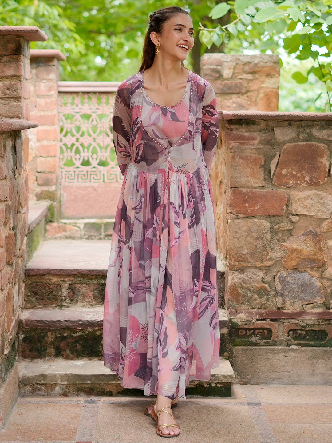 

Libas Women Printed Top & Palazzo With Shrug Co-Ords, Pink