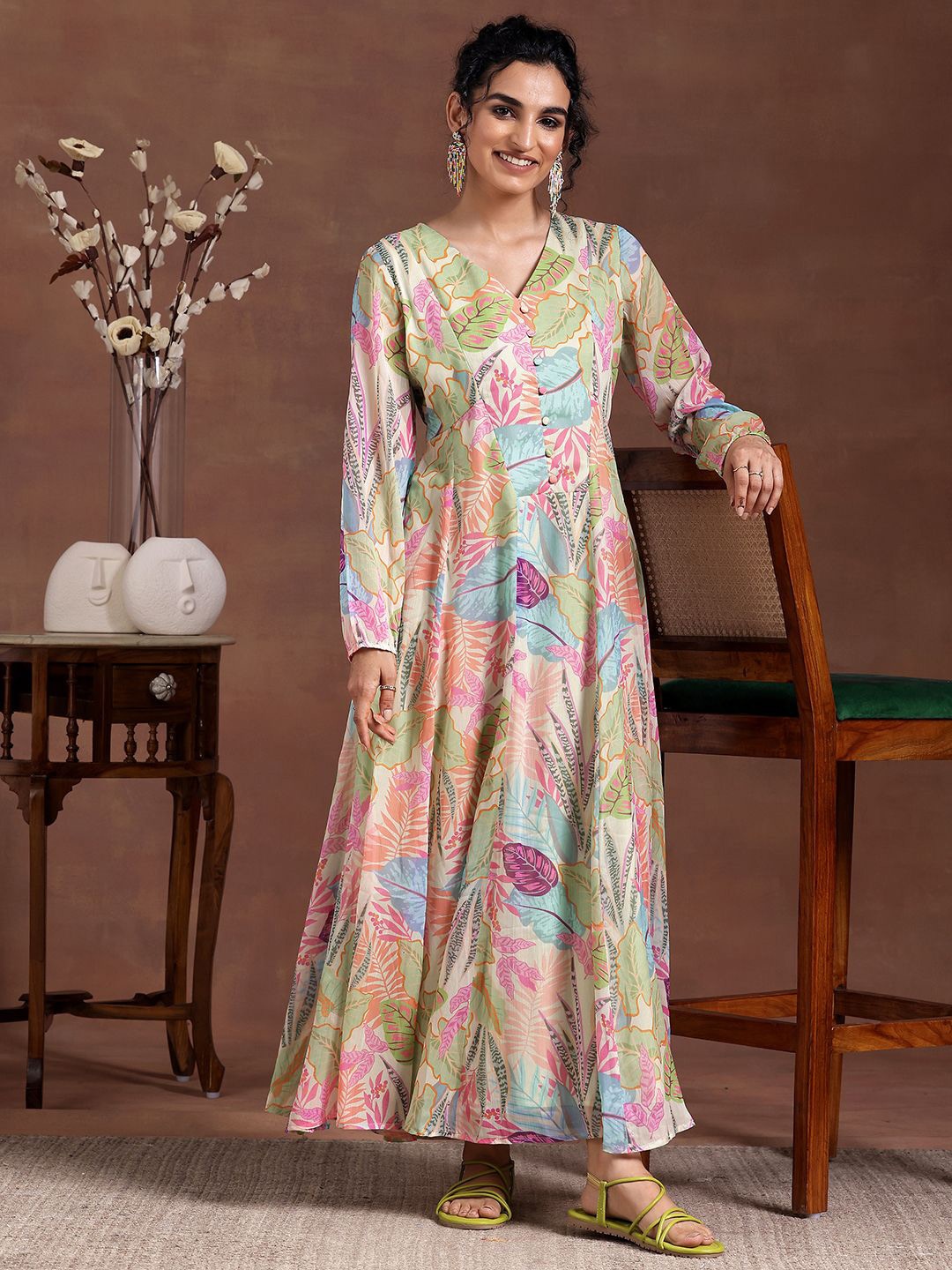 

Libas Floral Print V-neck Full Sleeves A-line Maxi Dress, Off white