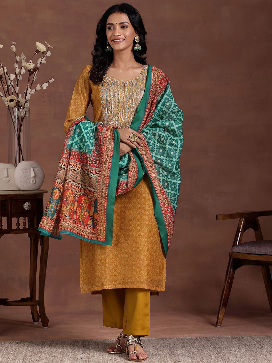

Libas Women Ethnic Motifs Printed Kurta with Trousers & With Dupatta, Mustard