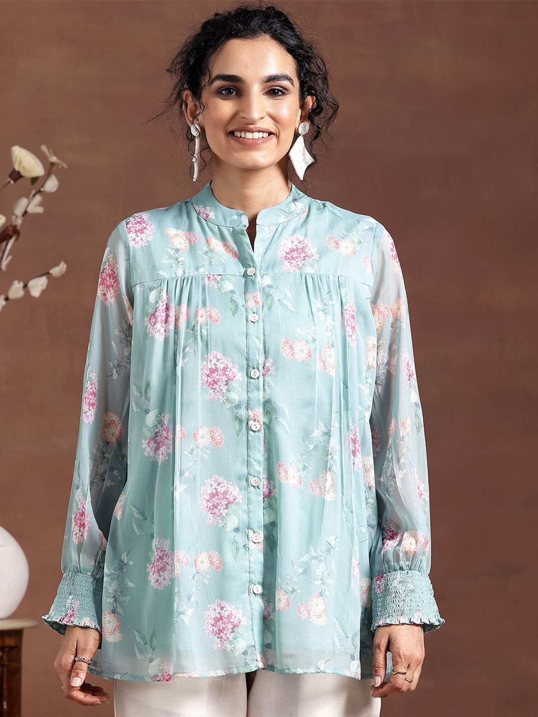 

Libas Floral Printed Mandarin Collar Tunic, Blue