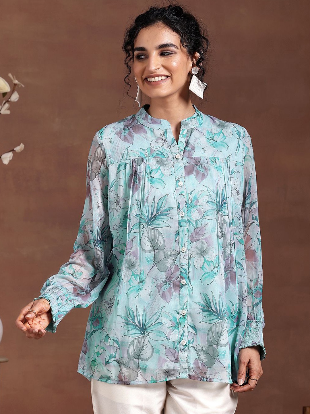 

Libas Floral Printed Pleated A-Line Kurti, Blue