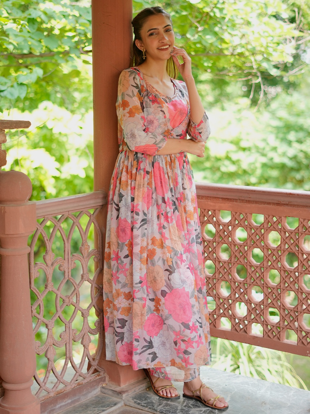 

Libas Women floral Printed Tunic, Shrug & Palazzos Co-Ords Co-Ords, Pink