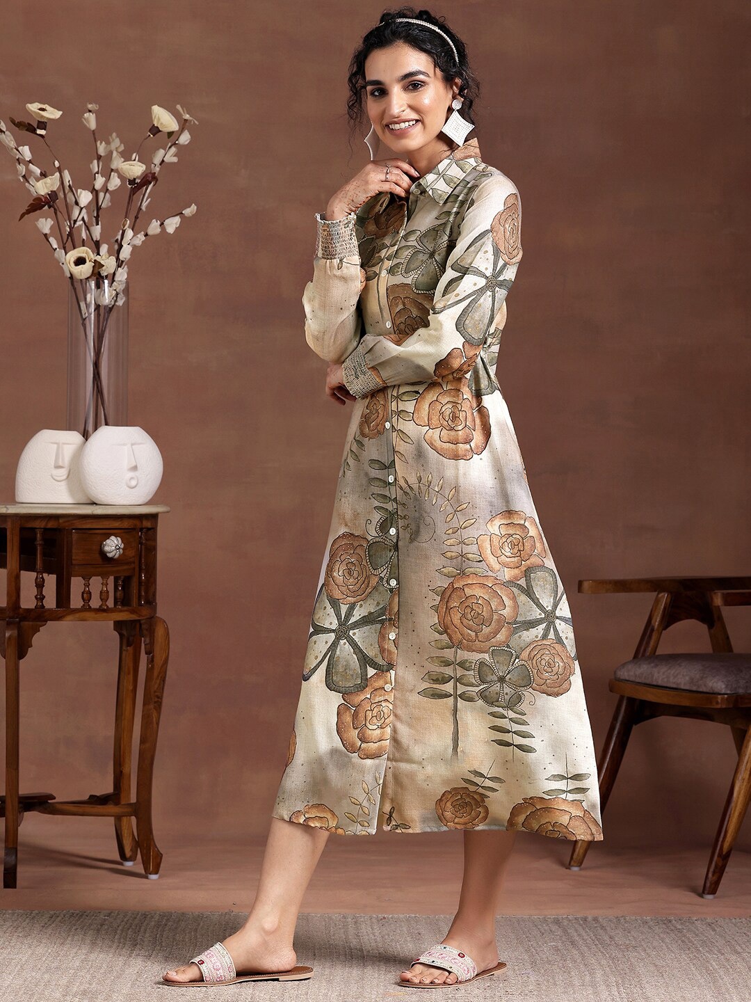 

Libas Shirt Collar Full Sleeves Floral Midi Shirt Dress, Beige