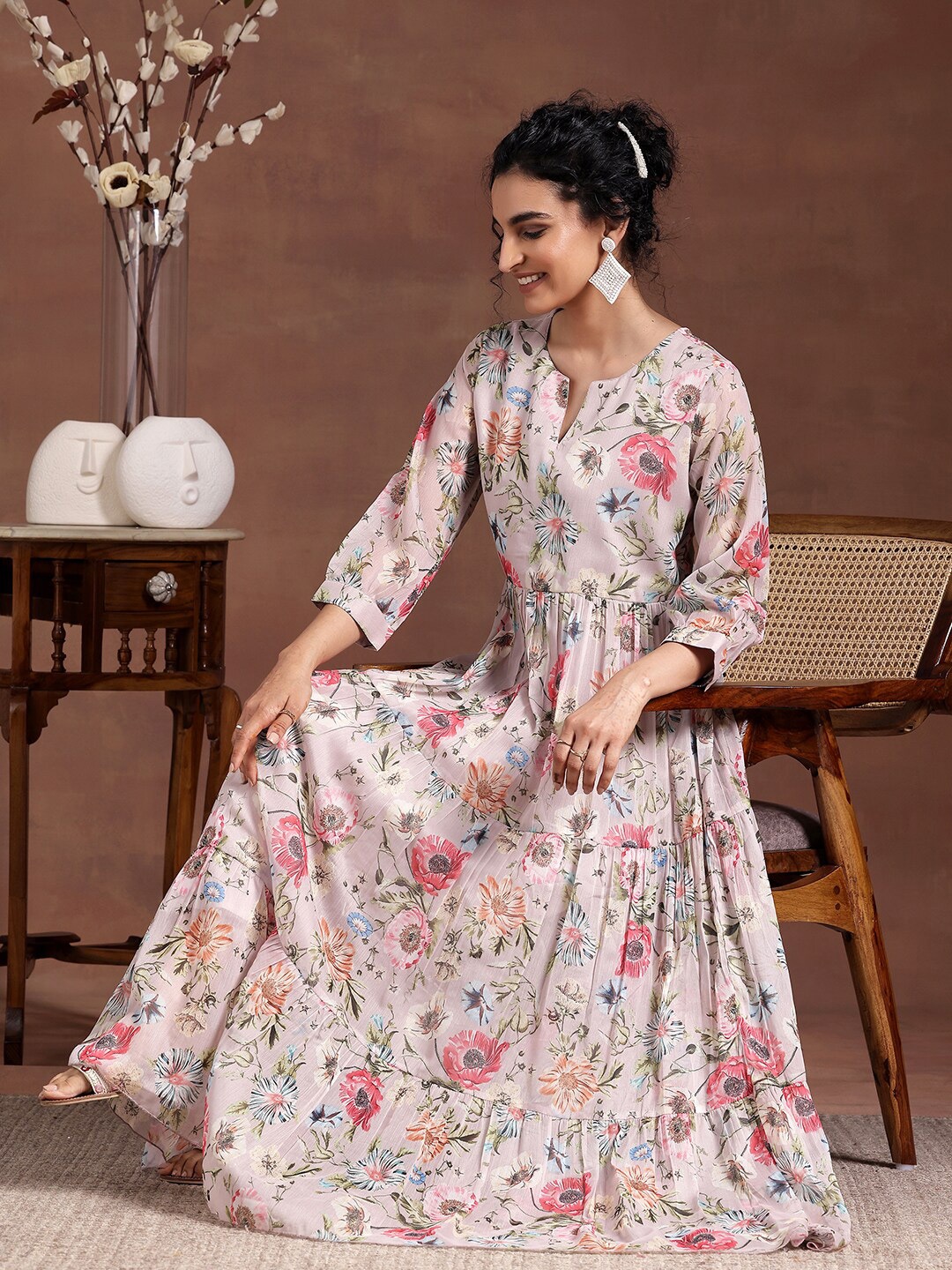 

Libas Round Neck Puff Sleeves Floral Maxi Dress, Pink