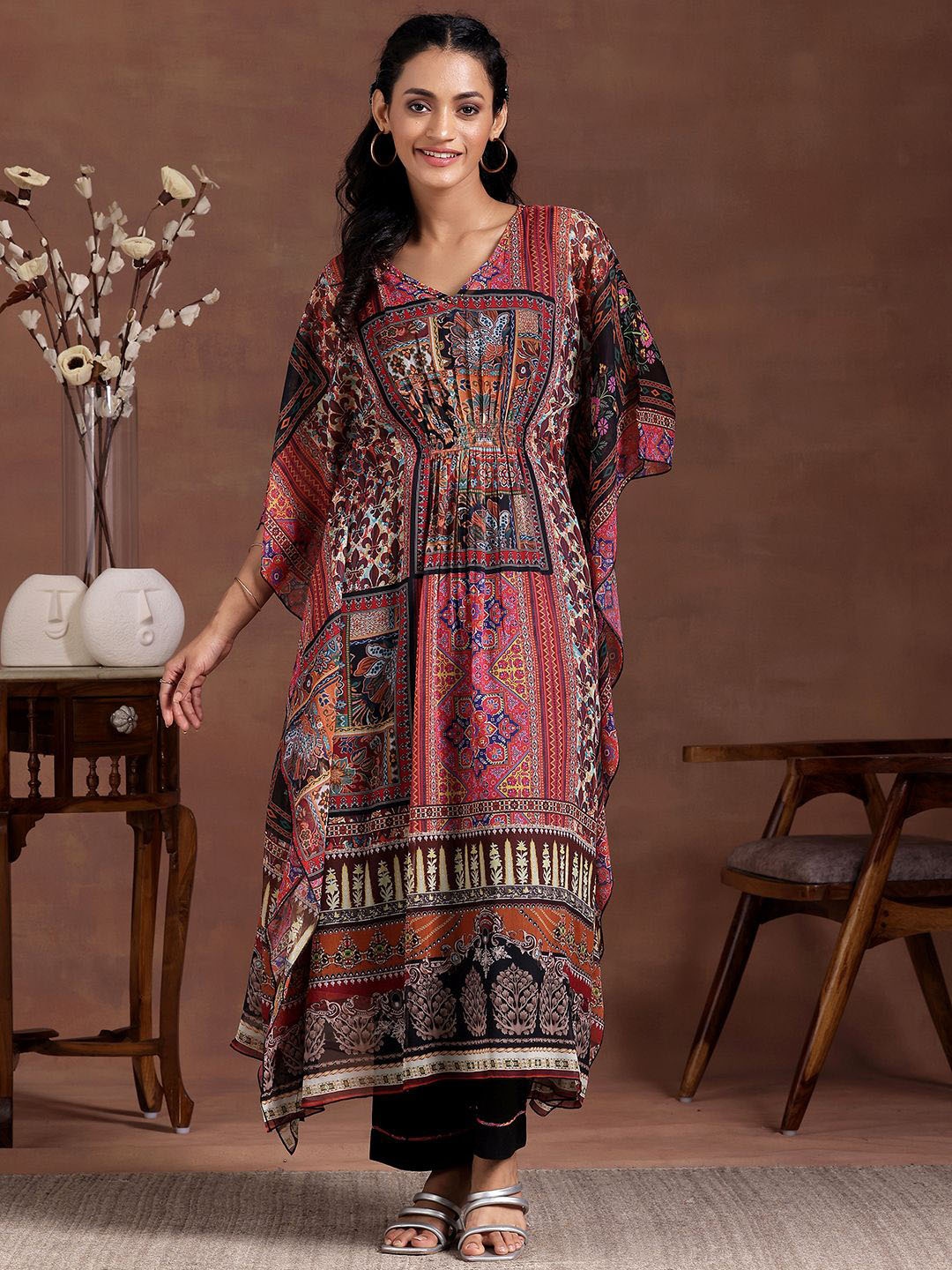 

Libas Ethnic Motifs Printed V Neck Chiffon Kaftan With Trouser, Maroon
