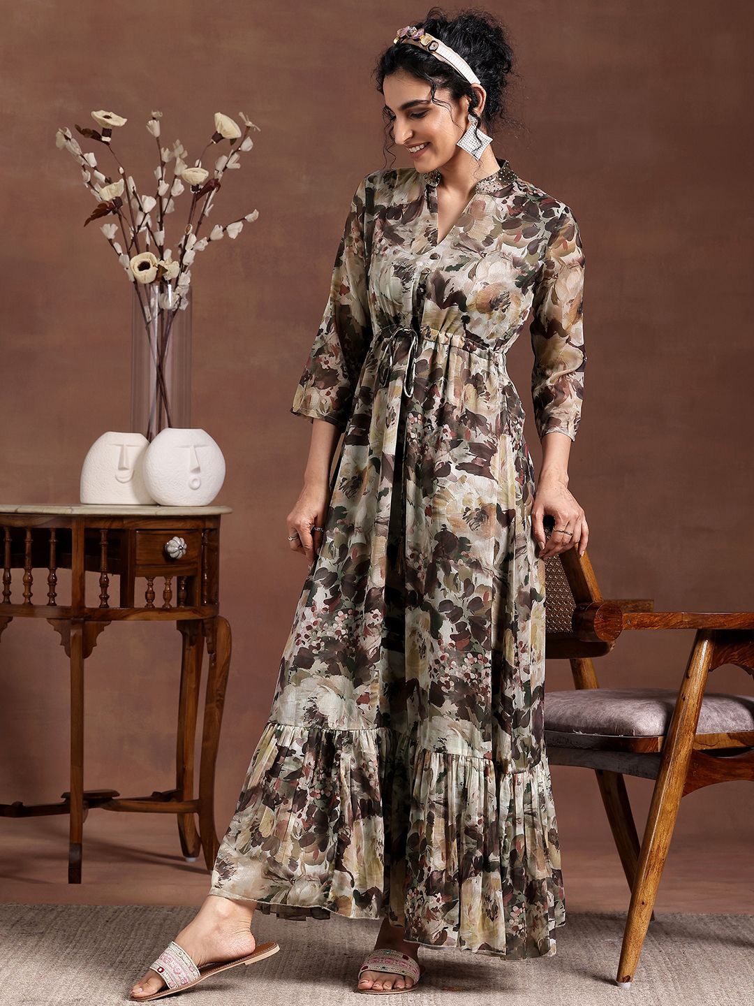 

Libas Printed A-Line Maxi Dress, Brown