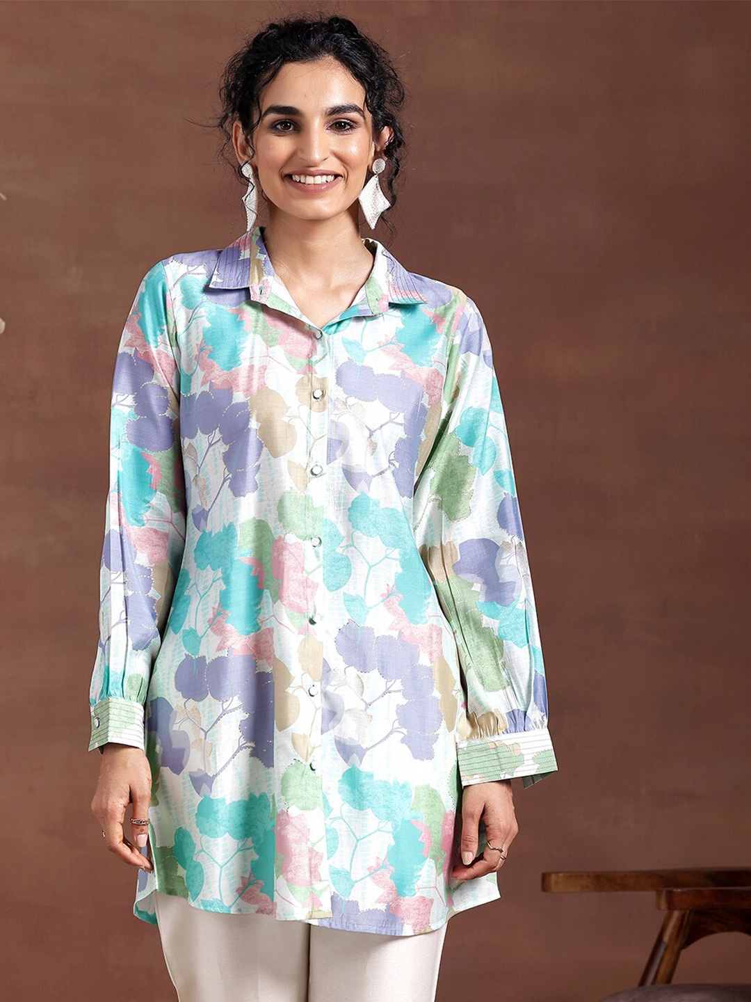 

Libas Floral Printed Shirt Collar Tunic, Green