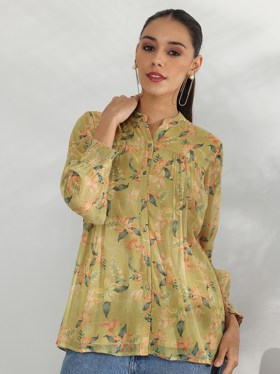 Libas Floral Printed Mandarin Collar Floral Printed Tunic, Mustard