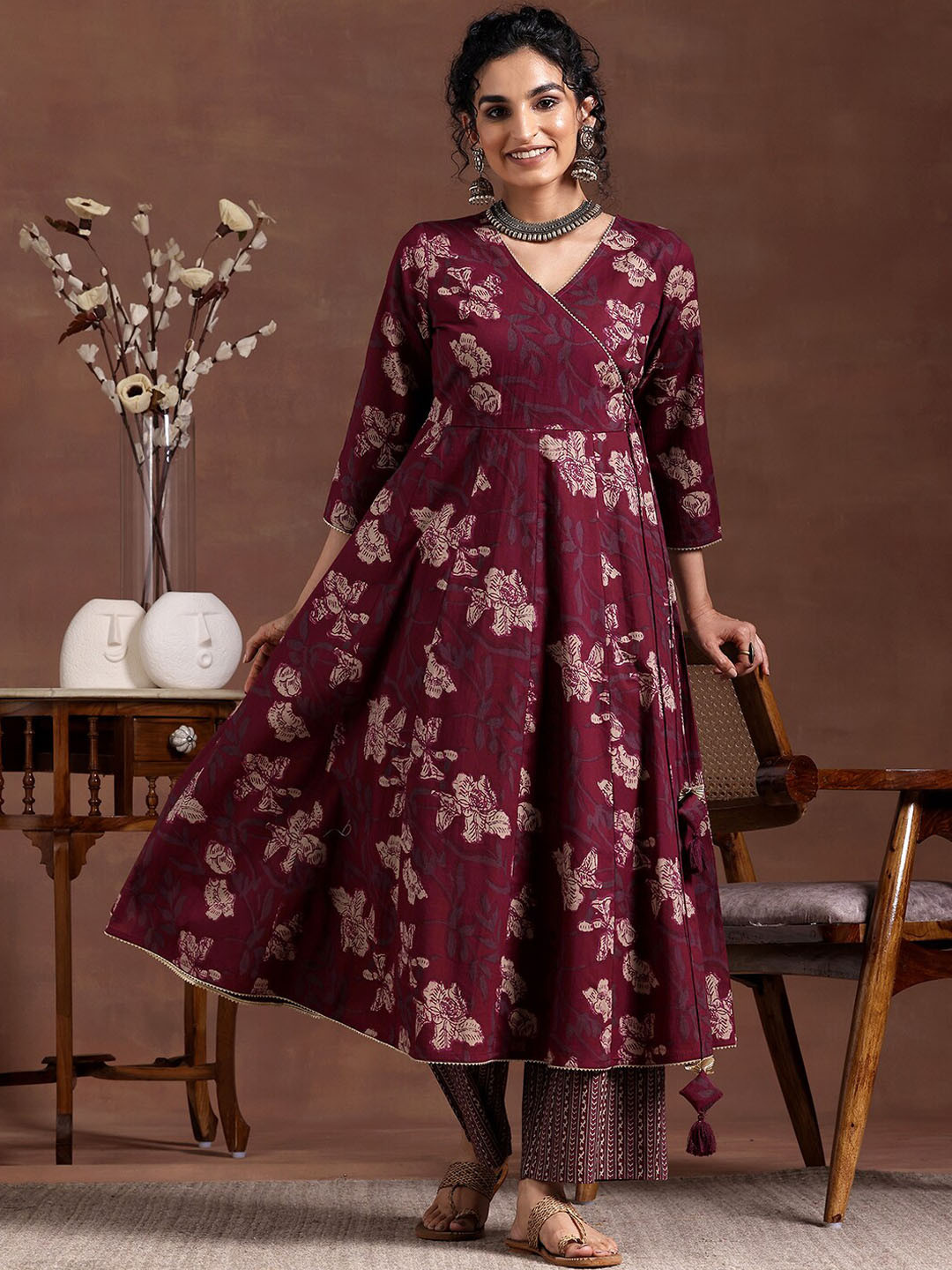 

Libas Floral Printed Panelled Gotta Patti Pure Cotton A-Line Kurta With Trouser, Maroon