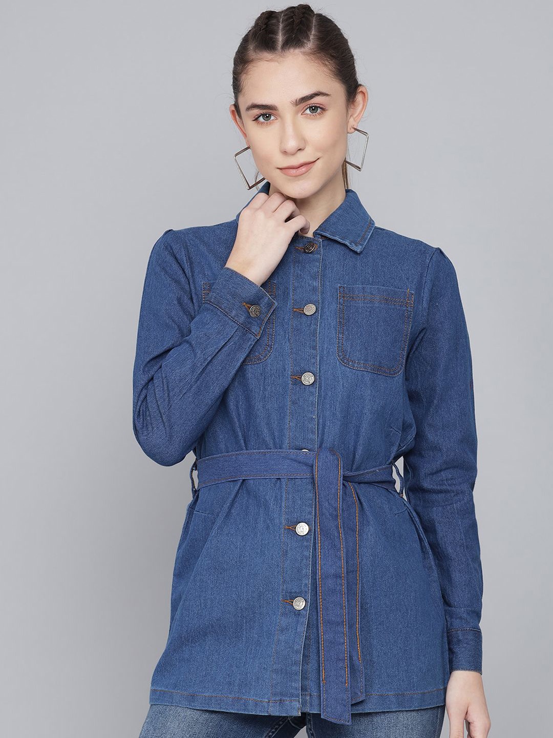 

Kotty Women Checked Longline Denim Jacket, Blue