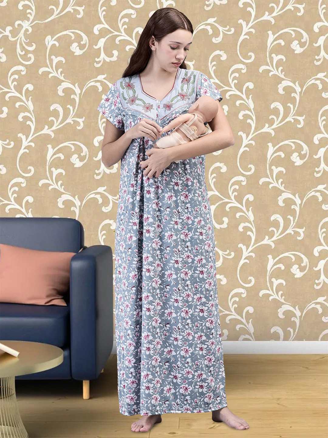 

Noty Printed Maxi Nightdress, Grey