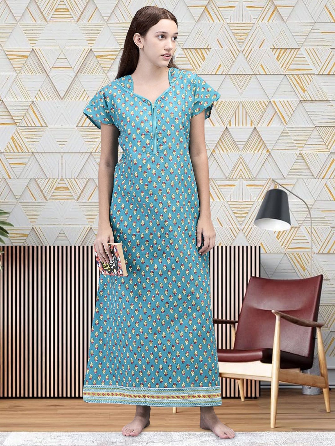 Noty Printed Maxi Nightdress, Green