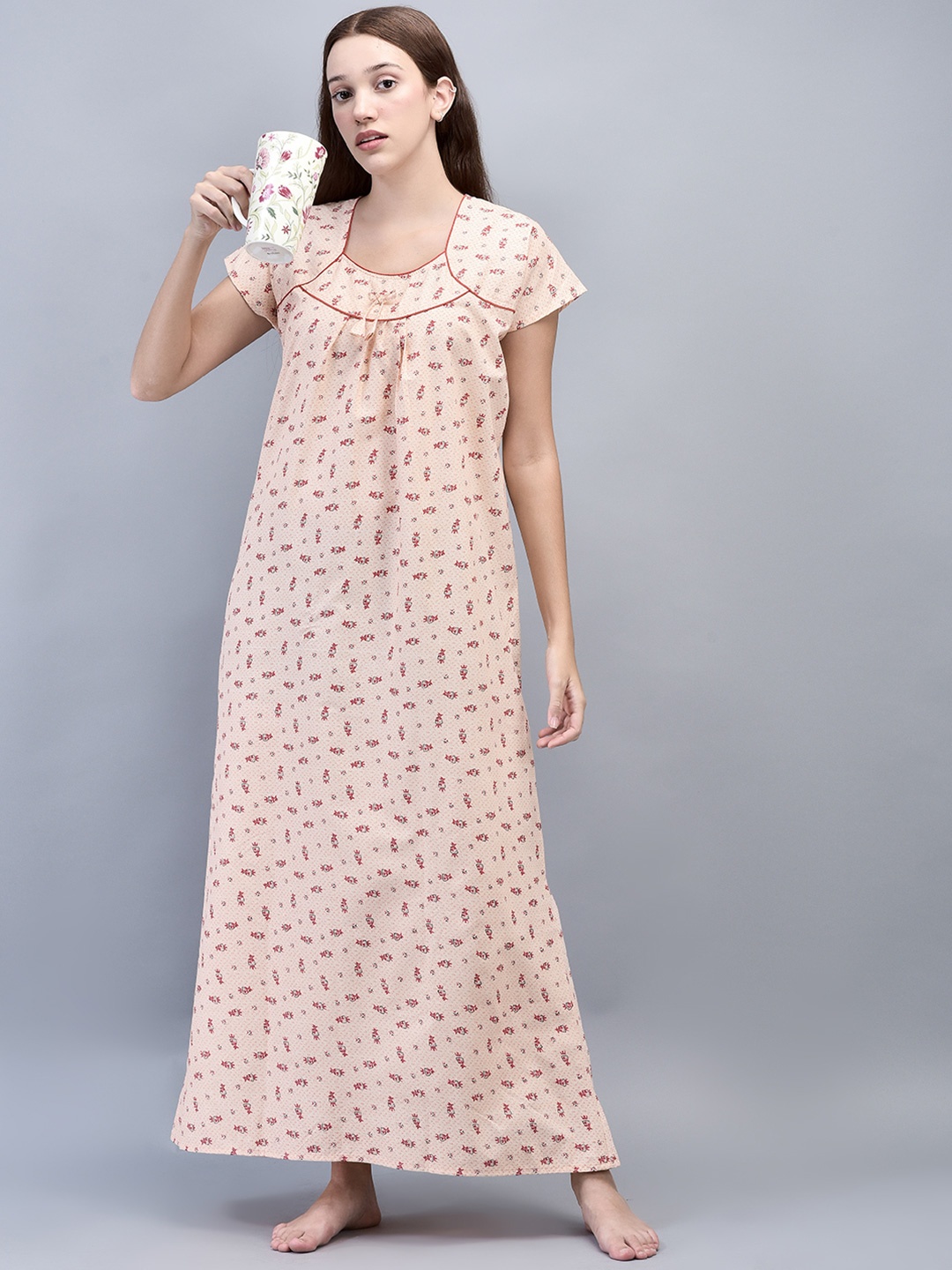 

Noty Printed Round Neck Short Sleeves Maxi Nightdress, Peach
