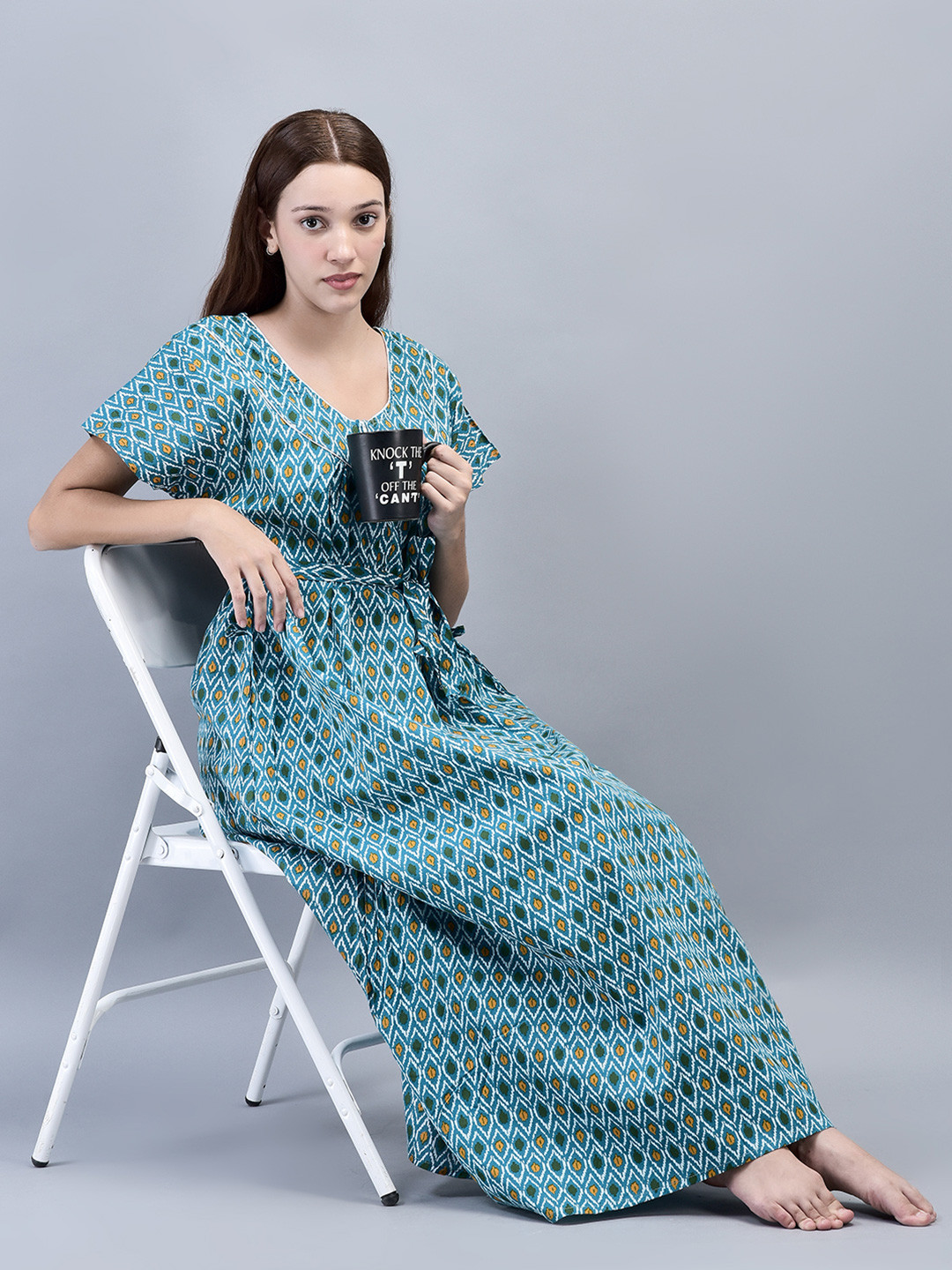 

Noty Printed V Neck Short Sleeves Maxi Nightdress, Blue