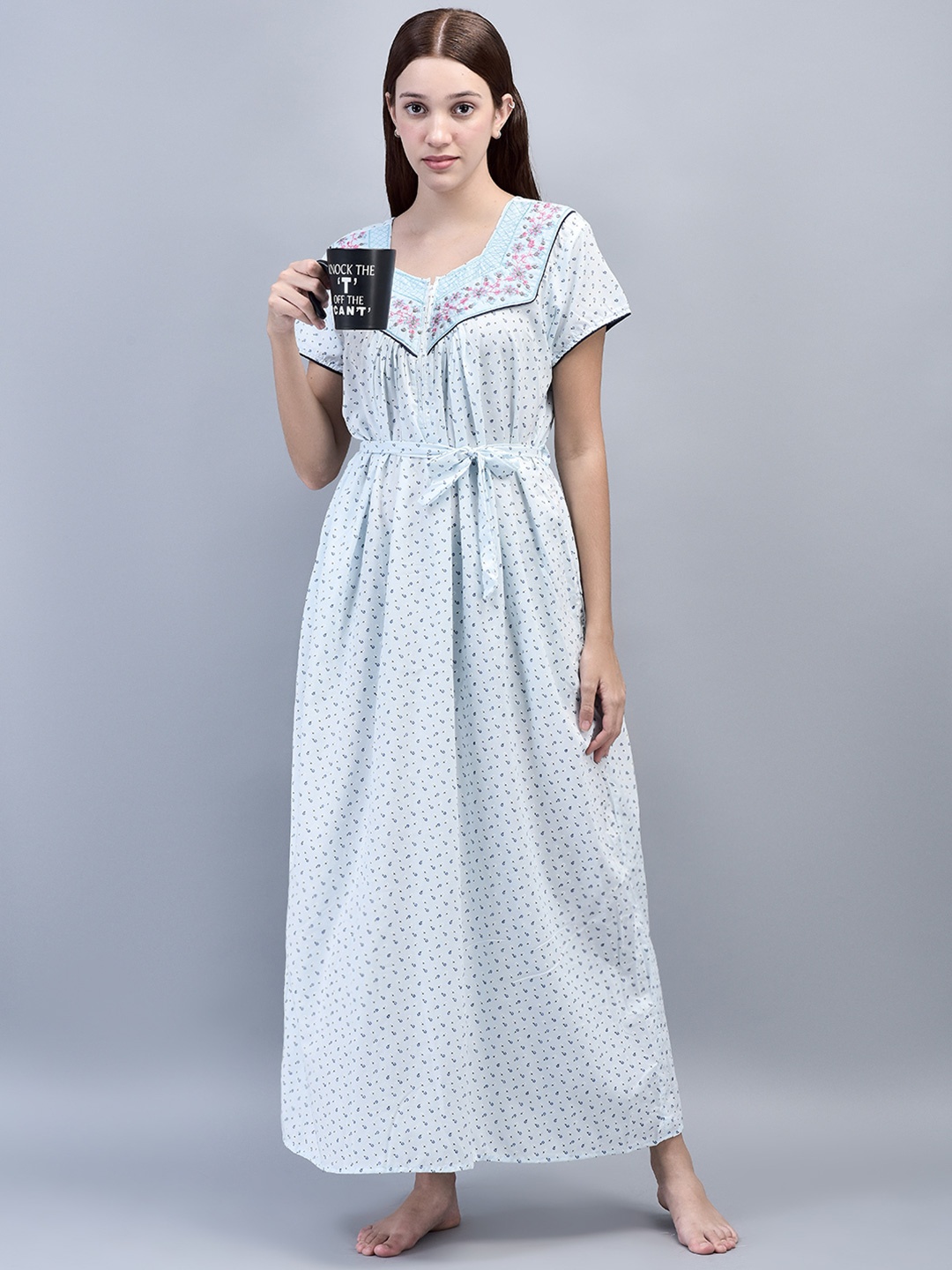 

Noty Floral Printed Sweetheart Neck Short Sleeves Maxi Nightdress, Blue