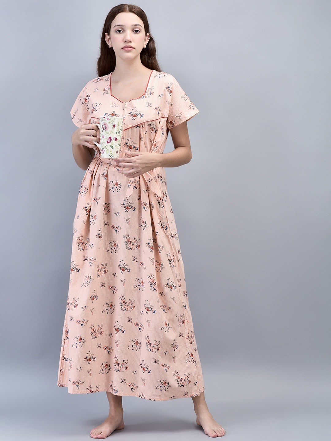

Noty Printed V-Neck Short Sleeves Maxi Nightdress, Orange
