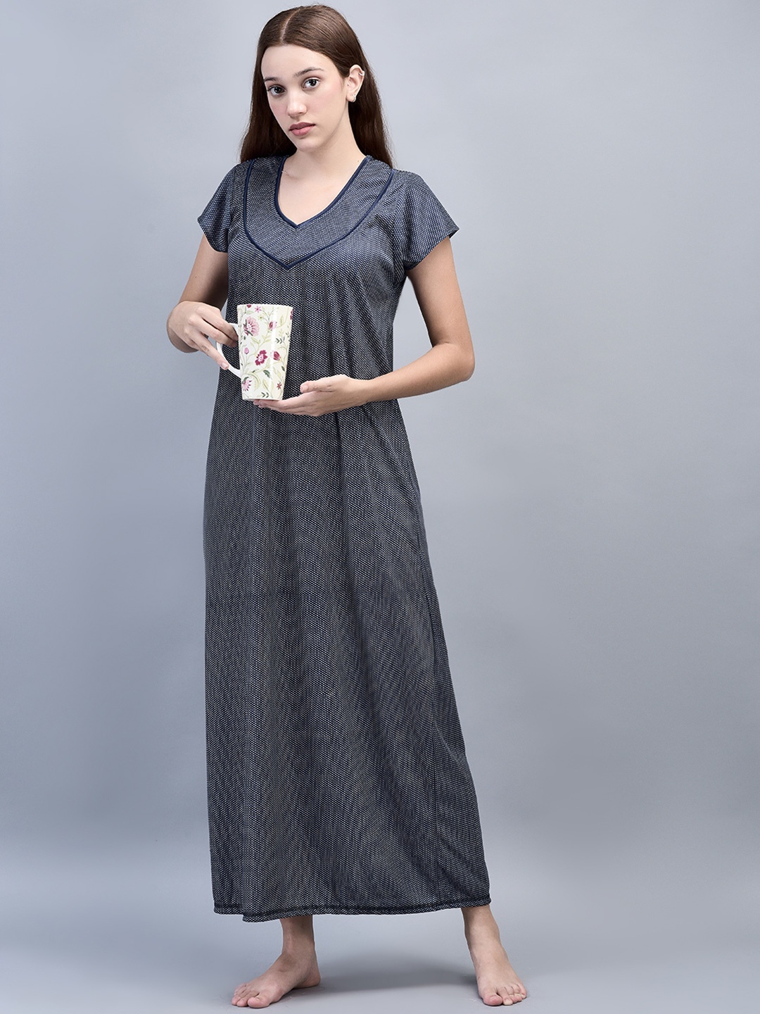 

Noty Printed V Neck Short Sleeves Maxi Nightdress, Blue