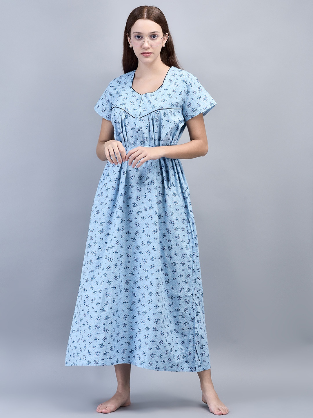 

Noty Floral Printed V-Neck Short Sleeves Maxi Nightdress, Blue