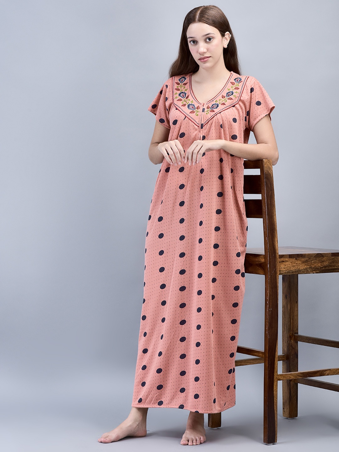 

Noty Polka Dots Printed V-Neck Short Sleeves Maxi Nightdress, Rust