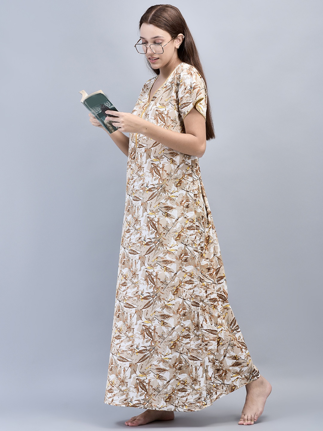 

Noty Printed V neck Short Sleeves Maxi Nightdress, Yellow