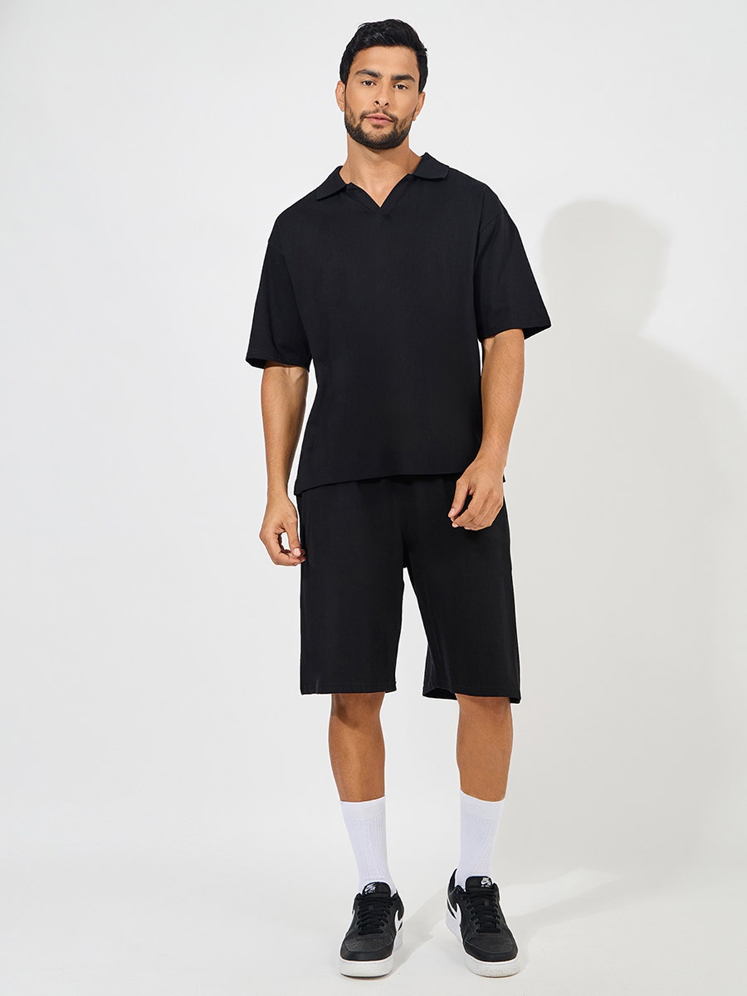 

Styli Men Solid Heavy Cotton Jersey Oversized Polo Co-ords, Black