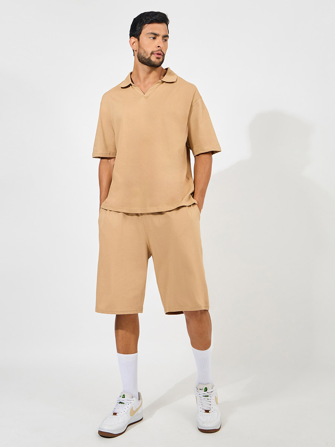 

Styli Men Solid Heavy Cotton Jersey Oversized Polo Co-Ords, Beige