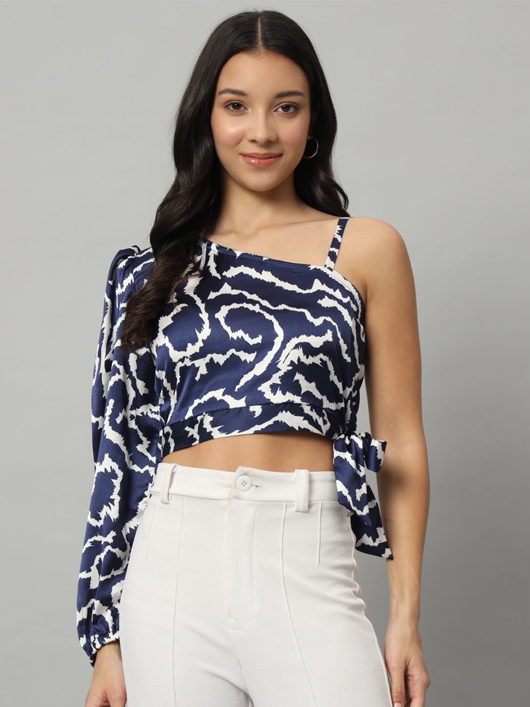 

Mast & Harbour Abstract Printed One Shoulder Satin Crop Top, Blue