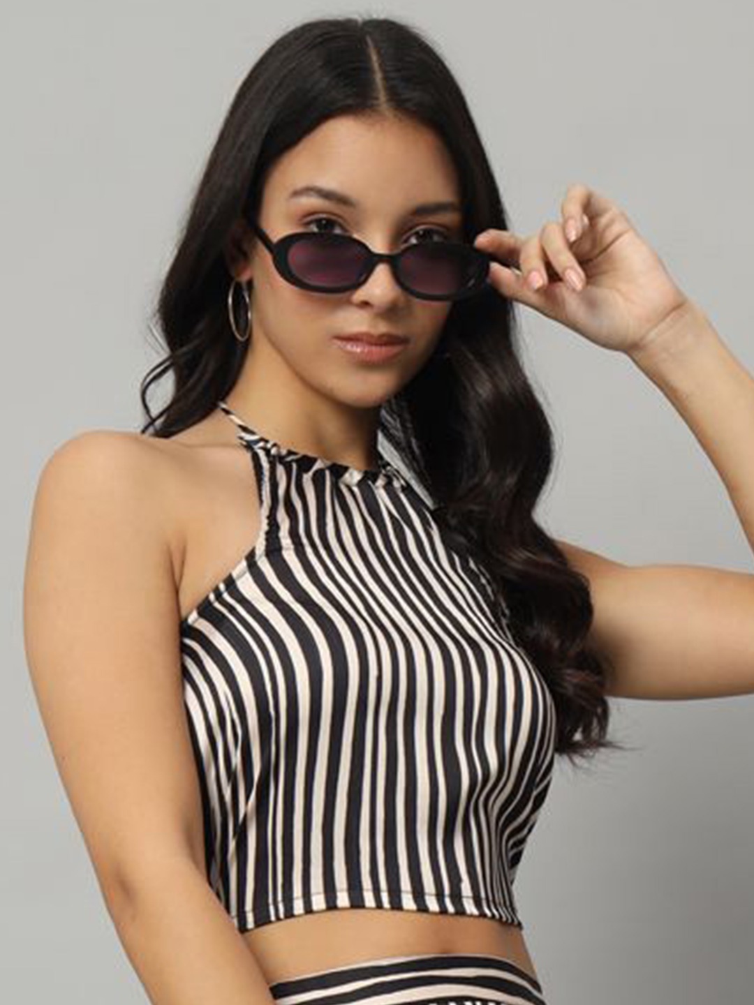 

Mast & Harbour Striped Halter Neck Monochrome Satin Top, Black