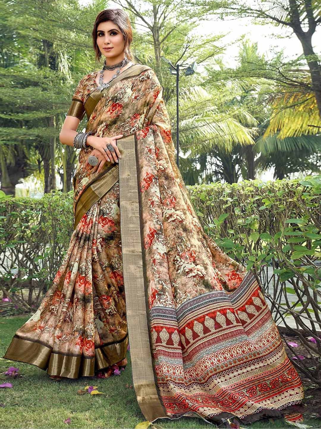 

Mitera Floral Tussar Saree, Beige