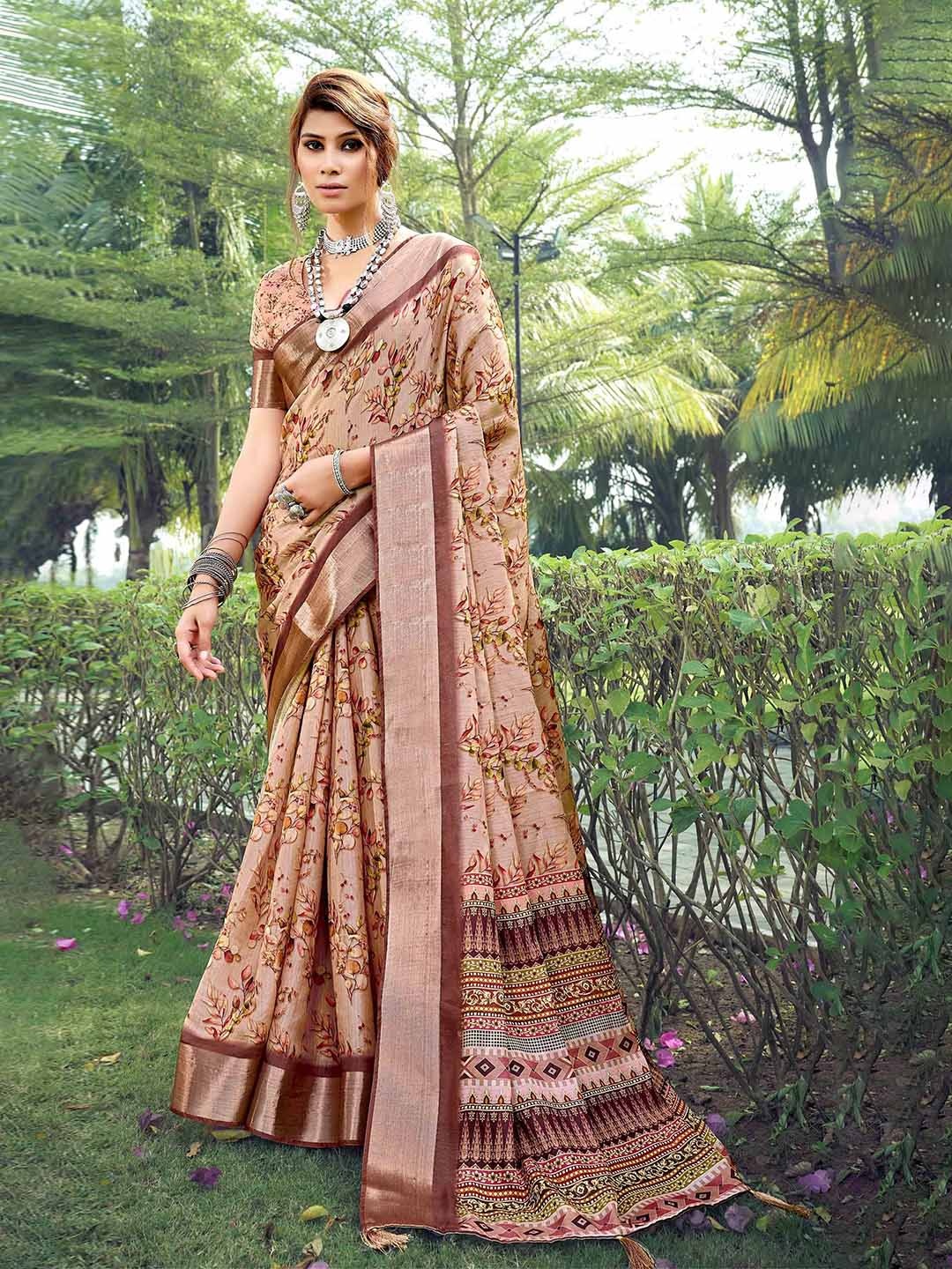 

Mitera Floral Woven Design Zari Tussar Saree, Peach