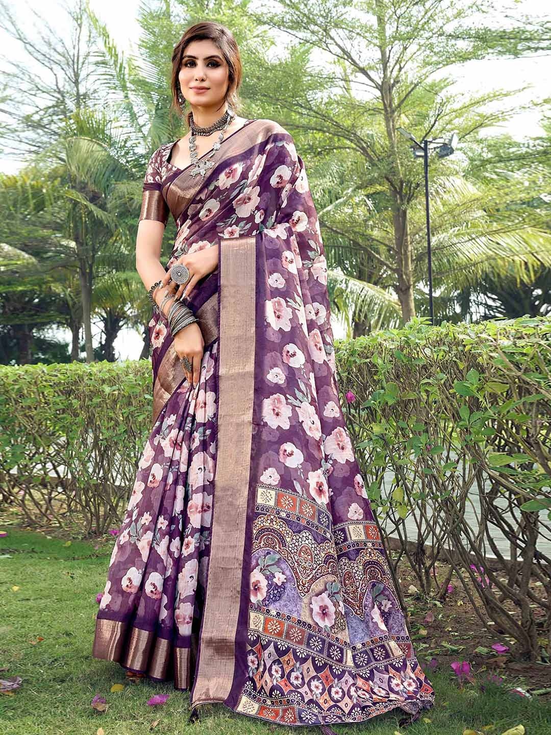 

Mitera Floral Tussar Saree, Purple