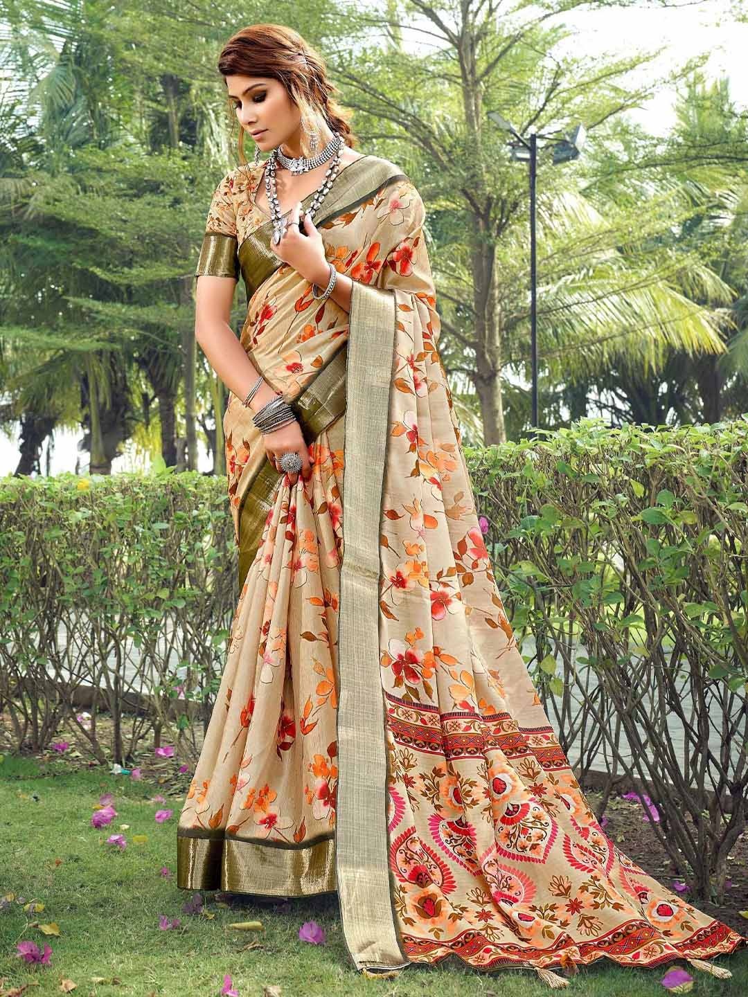 

Mitera Floral Zari Tussar Saree, Beige