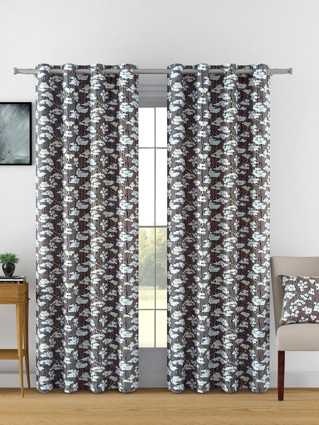 

Aura White & Brown 2 Pieces Floral Printed Window Curtains