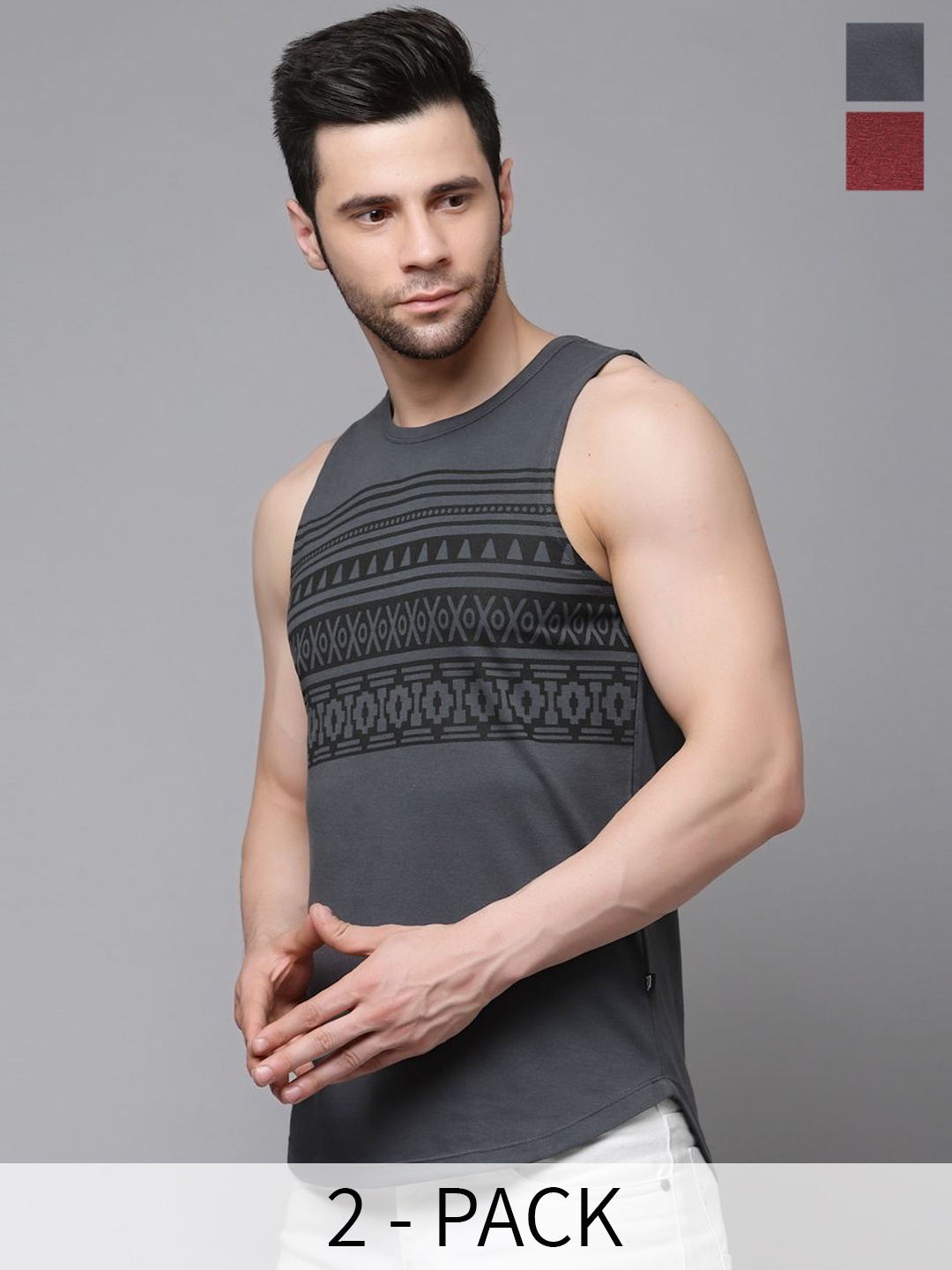 

Rigo Men Pack Of 2 Printed Slim Fit Pure Cotton Innerwear Vests, Maroon