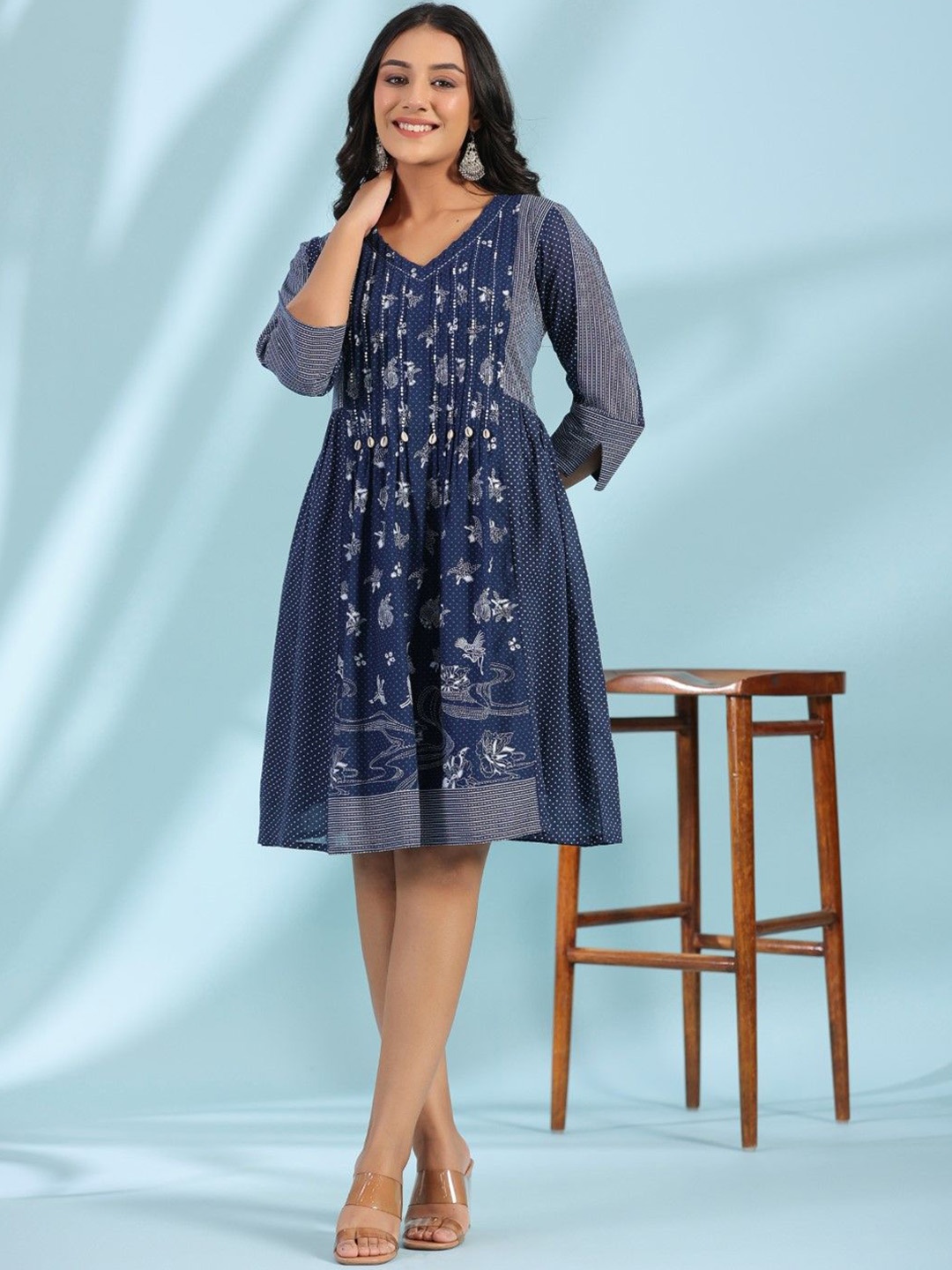 

Juniper Ethnic Motifs Printed Plus Size A-Line Ethnic Dress, Blue