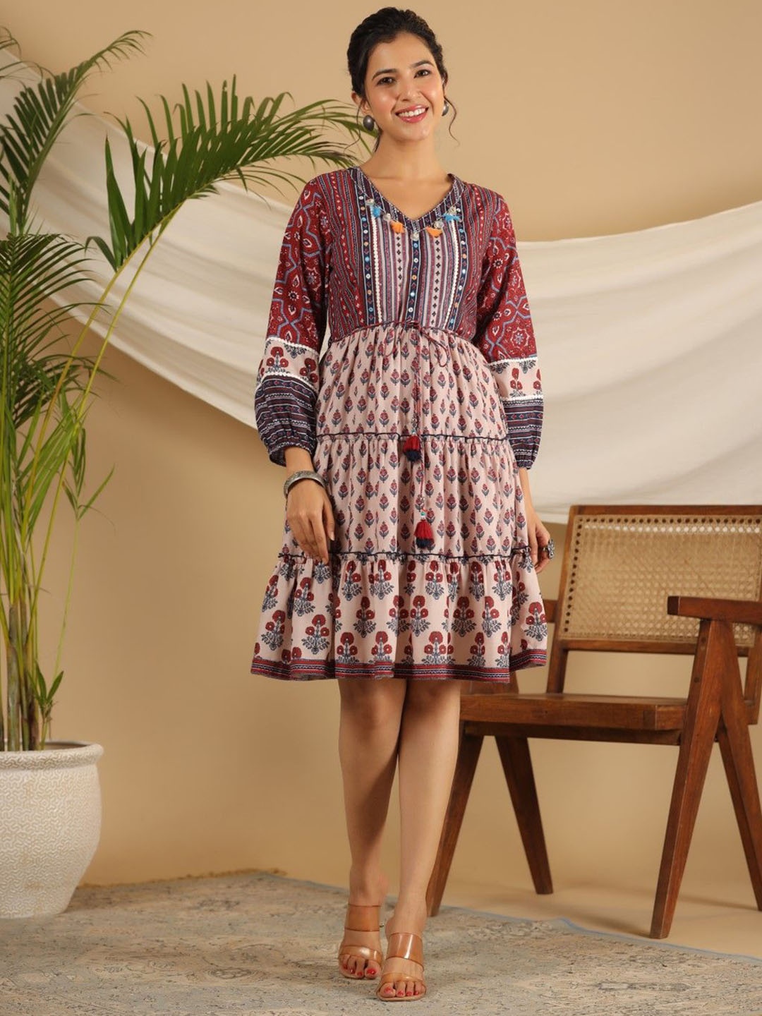 

Juniper Ethnic Motifs Printed Plus Size Cotton Fit & Flare Ethnic Dress, Maroon