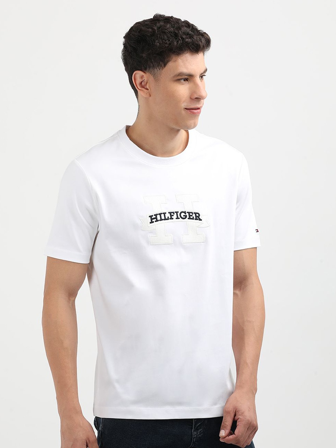 

Tommy Hilfiger Men Round Neck Typography Printed Embroidered T-shirt, White