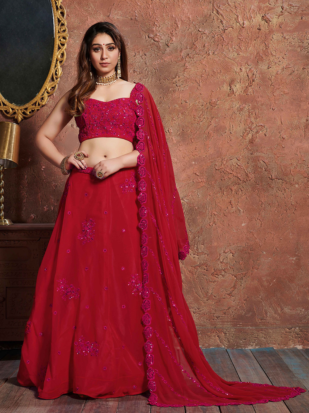 

FABPIXEL Embroidered Sequinned Semi-Stitched Lehenga & Unstitched Blouse With Dupatta, Red