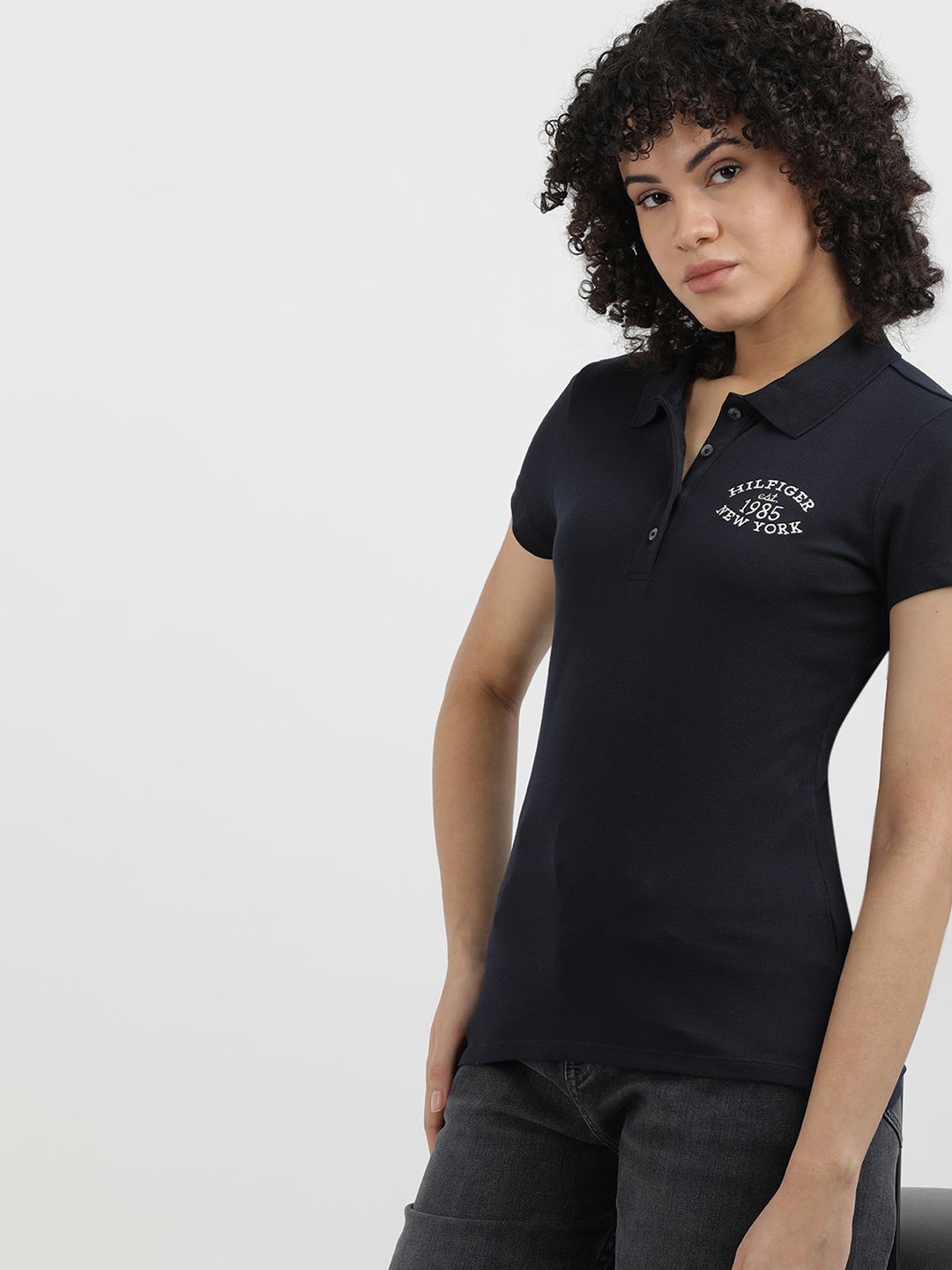 

Tommy Hilfiger Women Polo Collar Slim Fit T-shirt, Blue