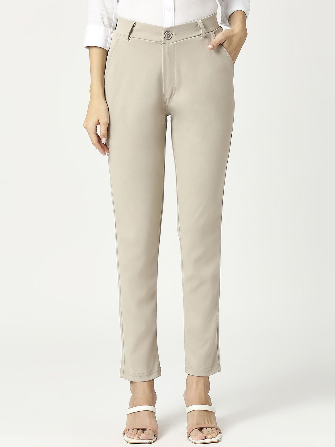 

BAESD Women High-Rise Easy Wash Trousers, Beige