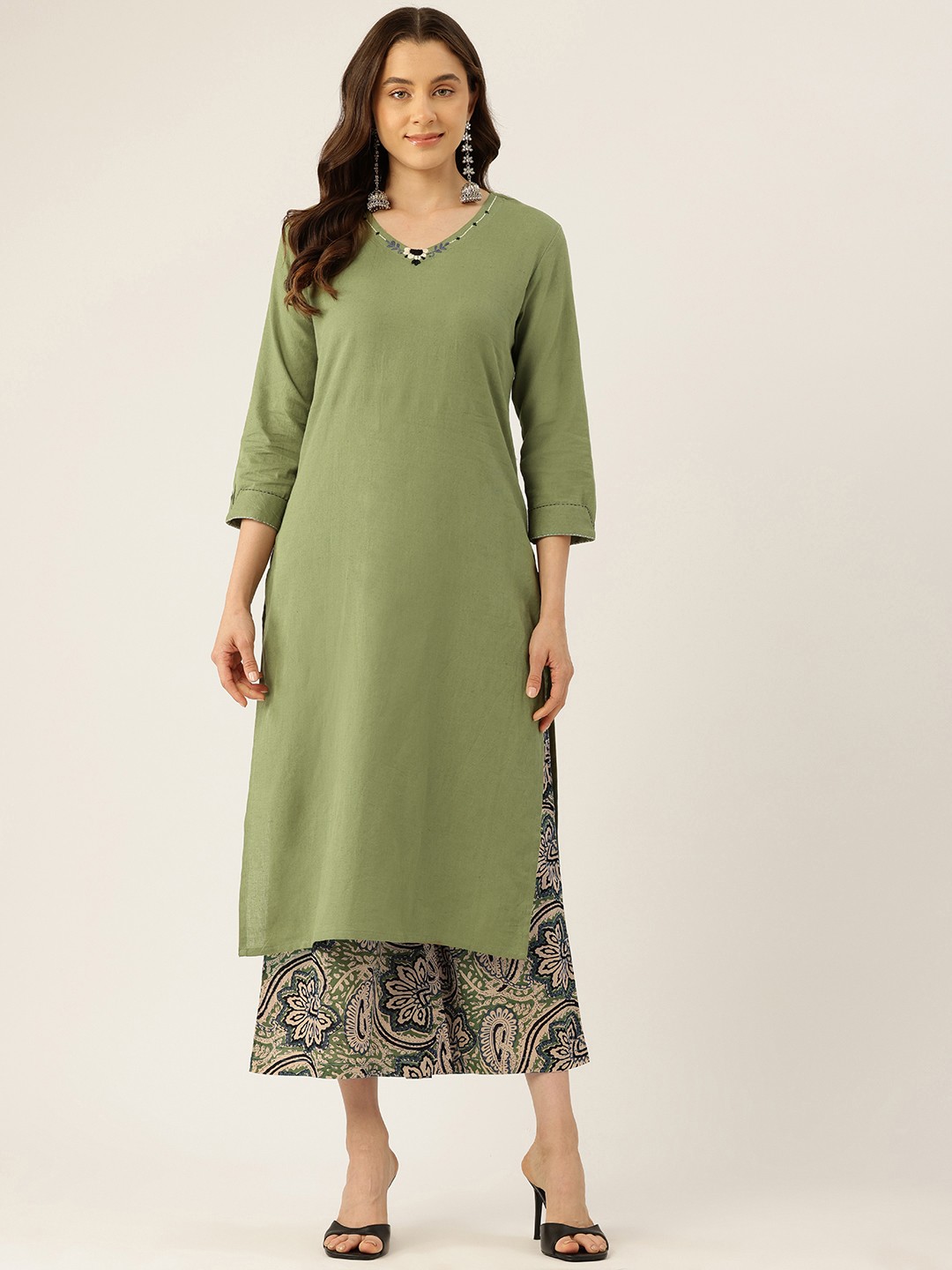 

MISRI Women Floral Thread Work Pure Cotton Kurta With Palazzos, Green