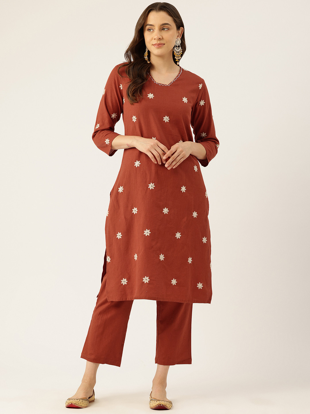 

MISRI Women Floral Embroidered Sequinned Pure Cotton Kurta with Trousers, Rust
