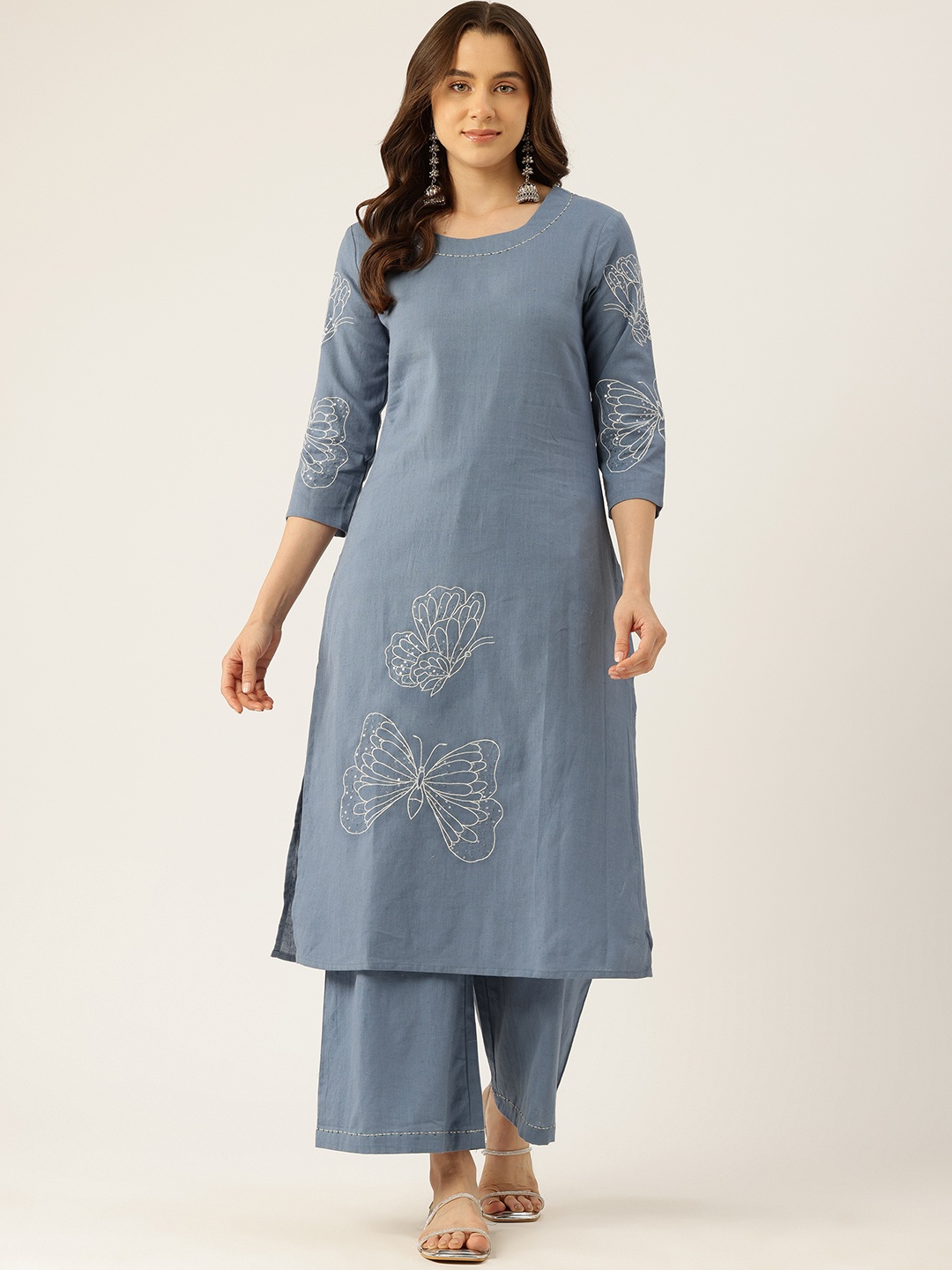 

MISRI Embroidered Beads & Stones Pure Cotton Kurta with Palazzos, Blue