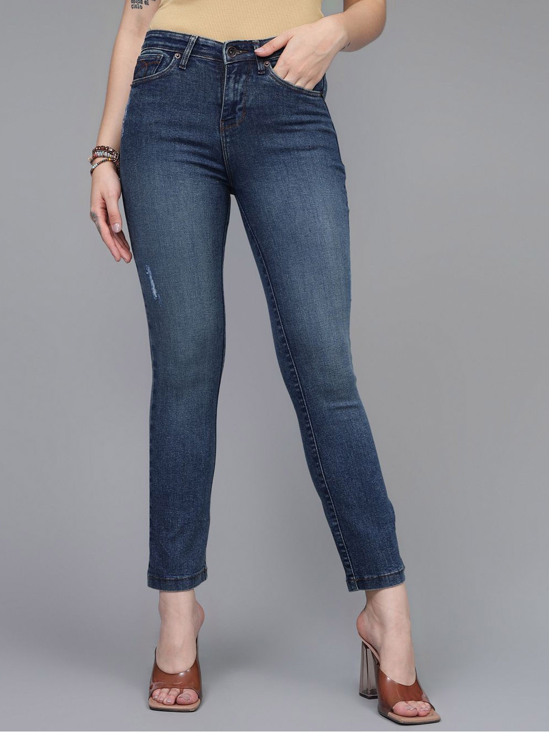 

Xpose Women Comfort Bootcut High-Rise Highly Distressed Light Fade Stretchable Jeans, Navy blue