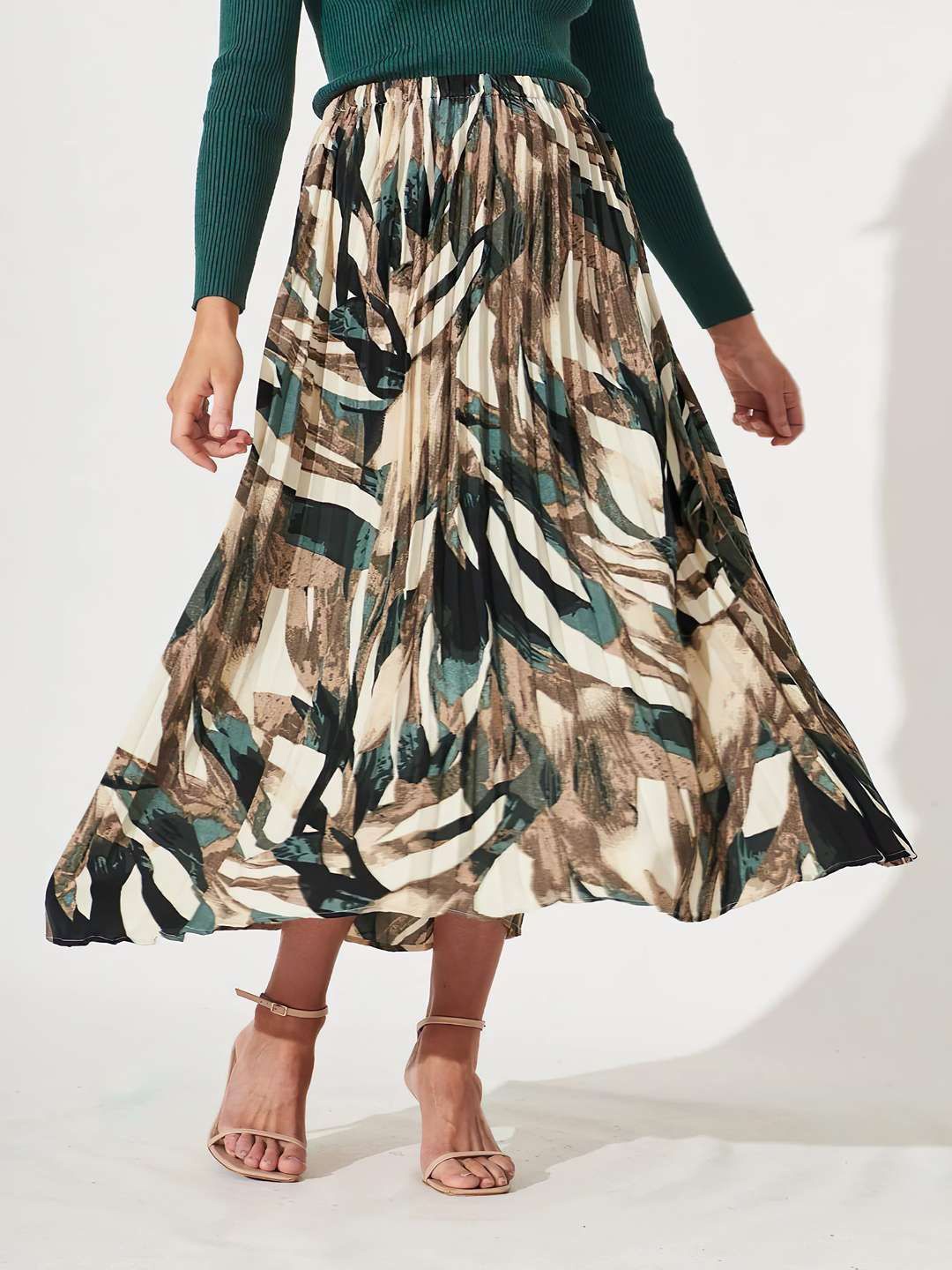 

OTABU Printed A-Line Flared Maxi Skirts, Olive