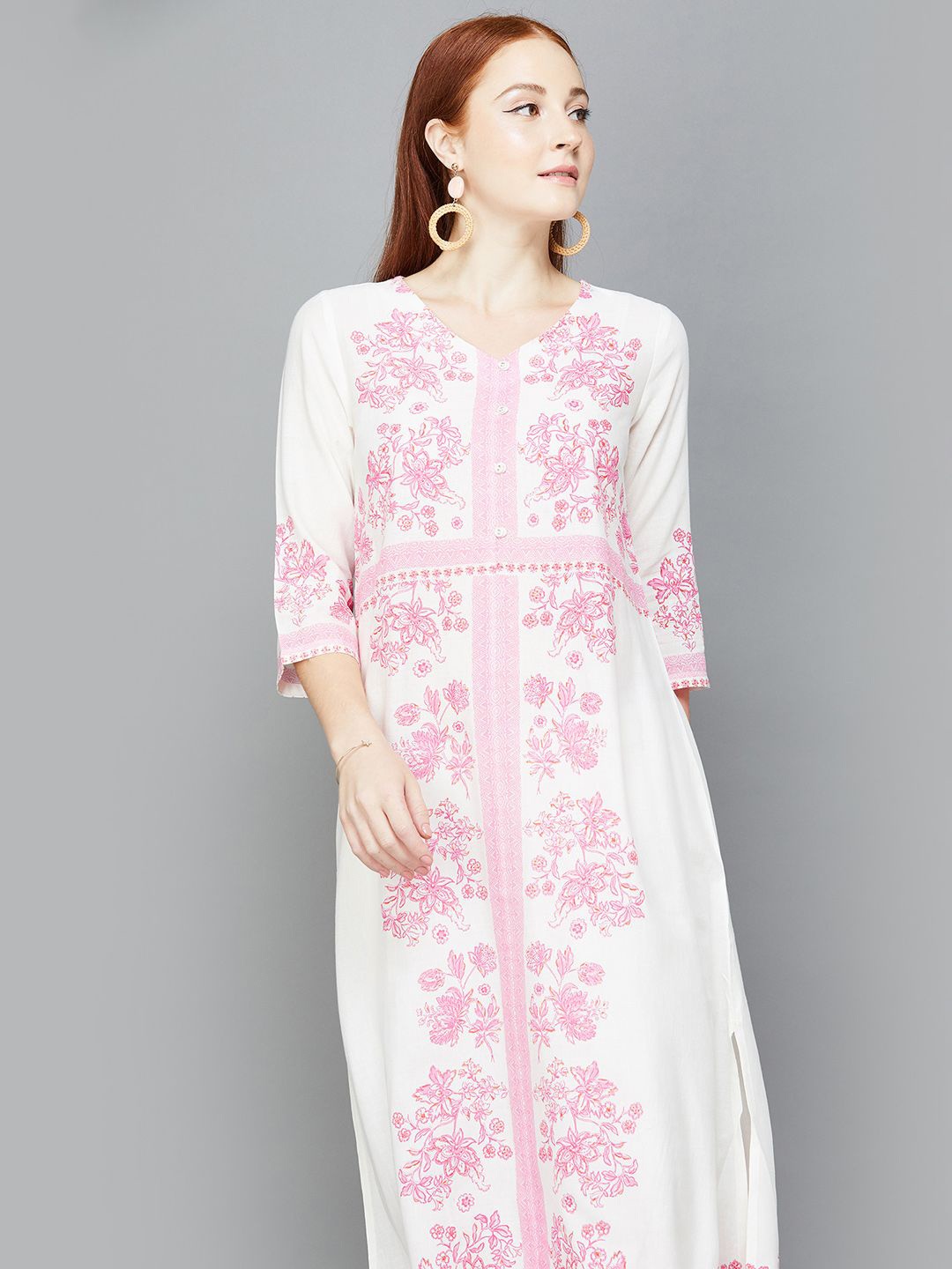 Colour Me by Melange V Neck Floral Printed Cotton Straight Kurta, Pink